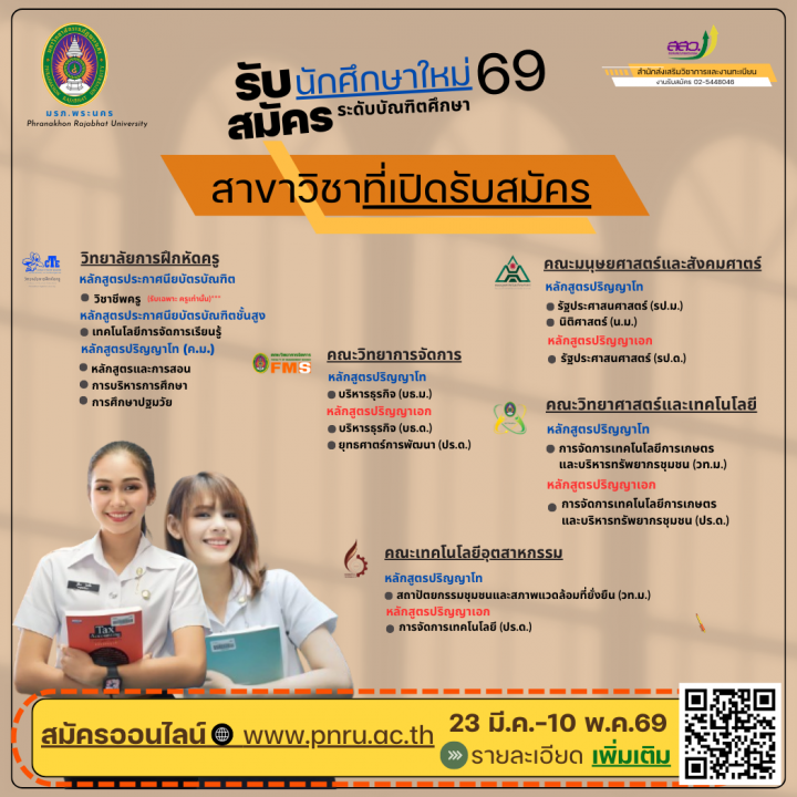 เปิดรับสมัครนักศึกษาใหม่ ระดับปริญญาโท ปริญญาเอก และประกาศนียบัตรบัณฑิตวิชาชีพครู ภาคพิเศษ (เสาร์-อาทิตย์) ประจำภาคการศึกษาที่ 1/2569