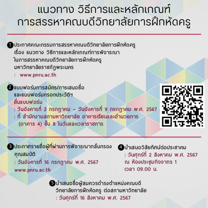 ประกาศคณะกรรมการสรรหาคณบดีวิทยาลัยการฝึกหัดครูเรื่อง แนวทาง วิธีการและหลักเกณฑ์การพิจารณาในการสรรหาคณบดีวิทยาลัยการฝึกหัดครู มหาวิทยาลัยราชภัฏพระนคร