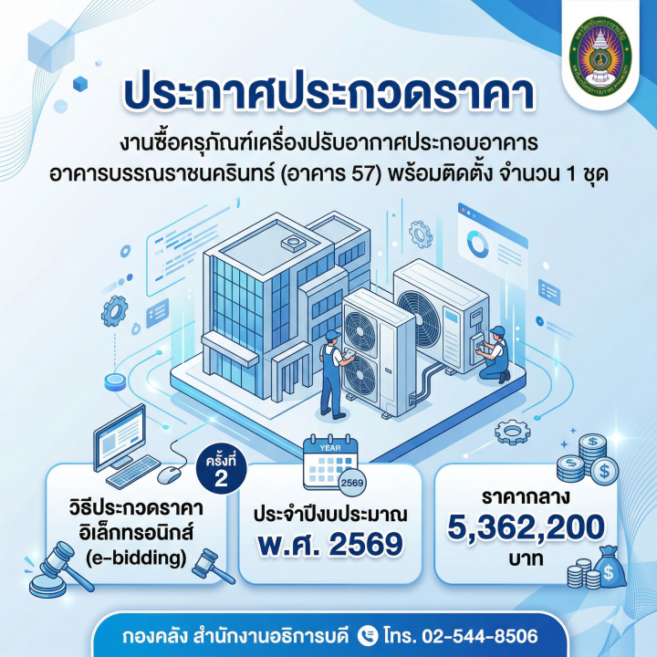ประกาศประกวดราคางานซื้อครุภัณฑ์เครื่องปรับอากาศประกอบอาคาร อาคารบรรณราชนครินทร์ (อาคาร 57) พร้อมติดตั้ง จำนวน 1 ชุด ประจำปีงบประมาณ พ.ศ. 2569 ครั้งที่ 2 ด้วยวิธีประกวดราคาอิเล็กทรอนิกส์ (e-bidding)