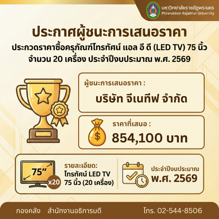 ประกาศผู้ชนะการเสนอราคา ประกวดราคาซื้อครุภัณฑ์โทรทัศน์ แอล อี ดี (LED TV) 75 นิ้ว จำนวน 20 เครื่อง ประจำปีงบประมาณ พ.ศ. 2569