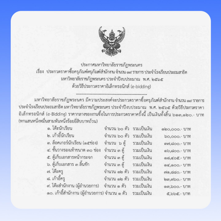 ประกาศประกวดราคาซื้อครุภัณฑ์ สำนักงานจำนวน 19 รายการ ประจำโรงเรียนประถมสาธิต มหาวิทยาลัยราชภัฏพระนครประจำปีงบประมาณ พ.ศ. 2565 โดยวิธีประกวดราคาอิเล็กทรอนิกส์ (e-bidding)