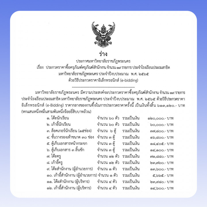 ประกาศร่างประชาวิจารณ์ ประกวดราคางานซื้อจัดซื้อครุภัณฑ์สำนักงาน จำนวน 19 รายการ ประจำโรงเรียนประถมสาธิต มหาวิทยาลัยราชภัฏพระนคร ประจำปีงบประมาณ พ.ศ. 2565