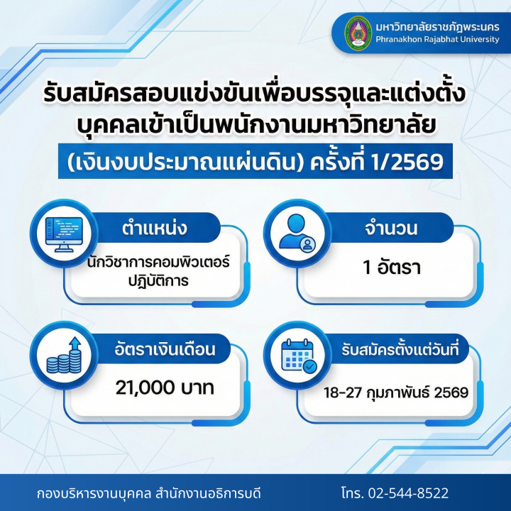 ประกาศ รับสมัครสอบแข่งขันเพื่อบรรจุและแต่งตั้งบุคคลเข้าเป็นพนักงานมหาวิทยาลัย (เงินงบประมาณแผ่นดิน) ครั้งที่ 1/2569
