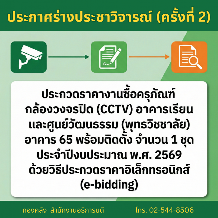 ประกาศร่างประชาวิจารณ์ ครั้งที่ 2 ประกวดราคางานซื้อครุภัณฑ์กล้องวงจรปิด (CCTV) อาคารเรียนรวมและศูนย์วัฒนธรรม (พุทธวิชชาลัย) อาคาร 65 พร้อมติดตั้ง จำนวน 1 ชุด ประจำปีงบประมาณ พ.ศ. 2569 ด้วยวิธีประกวดราคาอิเล็กทรอนิกส์ (e-bidding)
