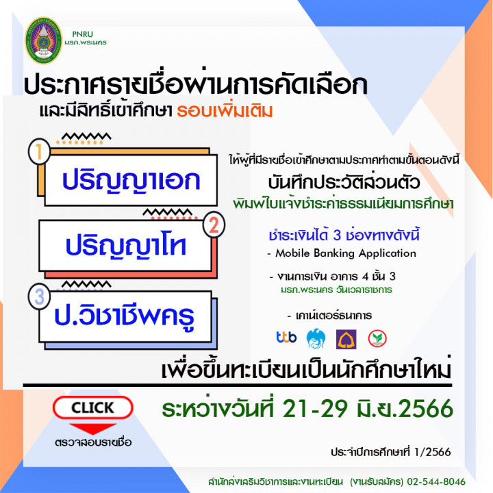 ประกาศรายชื่อผู้มีสิทธิ์เข้าศึกษาระดับบัณฑิตศึกษา 1/2566 (รอบเพิ่มเติม)