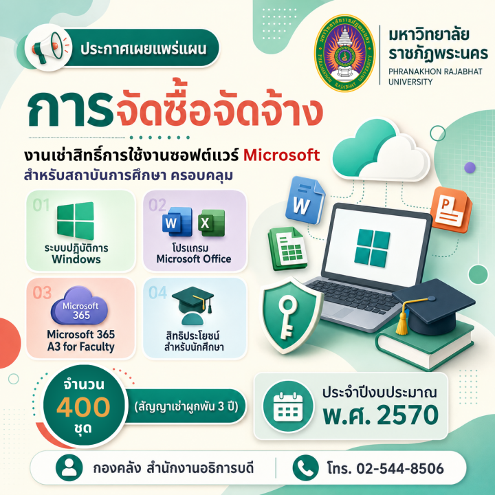 ประกาศเผยแพร่แผนการจัดซื้อจัดจ้าง งานเช่าสิทธิ์การใช้งานซอฟแวร์ Microsoft สำหรับสถาบันการศึกษาครอบคลุมระบบปฏิบัติการ Windows, โปรแกรม Microsoft Office, Microsoft 365 A3 for Faculty และสิทธิประโยชน์สำหรับนักศึกษา จำนวน 400 ชุด (สัญญาเช่าผูกพัน 3 ปี) ประจำปีงบประมาณ พ.ศ. 2570