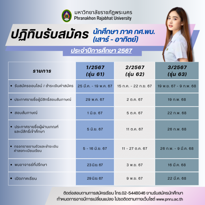 ปฏิทินรับสมัครนักศึกษาใหม่ระดับปริญญาตรี ภาค กศ.พบ. (เสาร์ - อาทิตย์) ประจำปีการศึกษา 2567