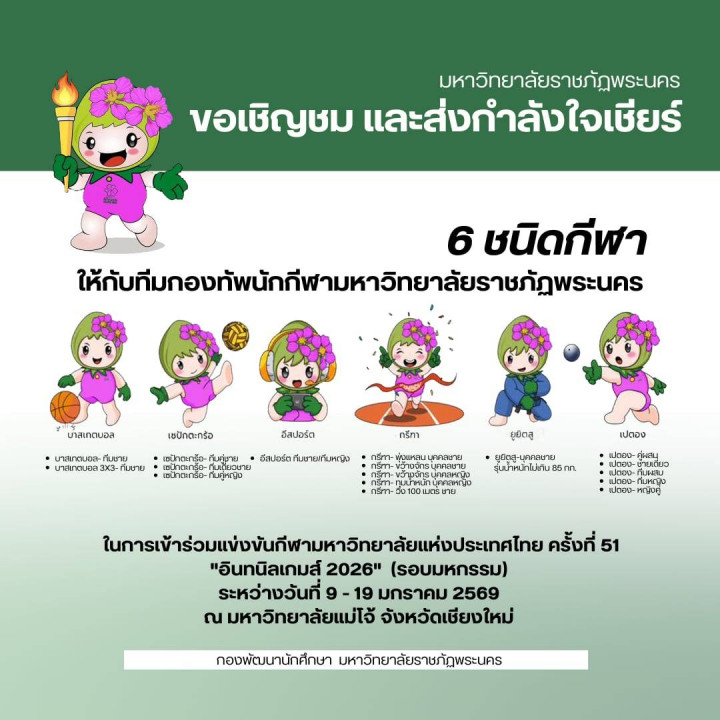 ขอเชิญชม และสงกำลังใจเชียร์ ในการเข้าร่วมแข่งขันกีฬามหาวิทยาลัยแห่งประเทศไทย ครั้งที่ 51 "อินทนิลเกมส์ 2026" (รอบมหกรรม) ระหว่างวันที่ 9 - 19 มกราคม 2569 ณ มหาวิทยาลัยแม่โจ้ จังหวัดเชียงใหม่