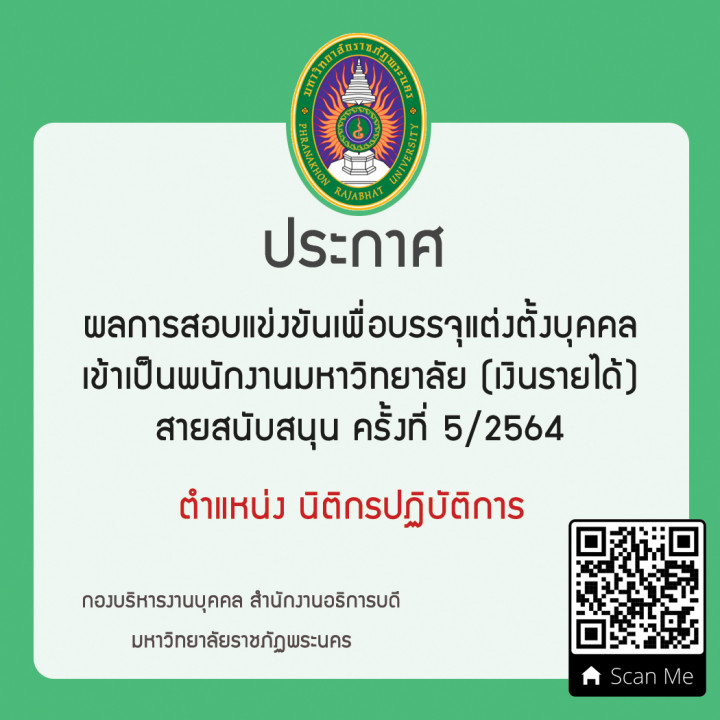 ผลการสอบแข่งขันเพื่อบรรจุแต่งตั้งบุคคล เข้าเป็นพนักงานมหาวิทยาลัย (เงินรายได้) สายสนับสนุน ครั้งที่ 5/2564