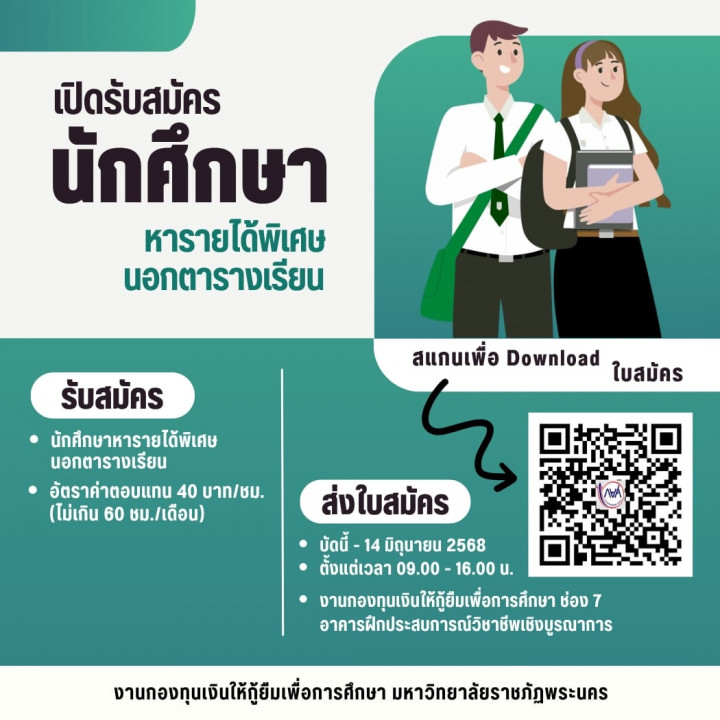 งานกองทุนเงินให้กู้ยืมเพื่อการศึกษา กองพัฒนานักศึกษา เปิดรับสมัครนักศึกษาหารายได้พิเศษ นอกตารางเรียน
