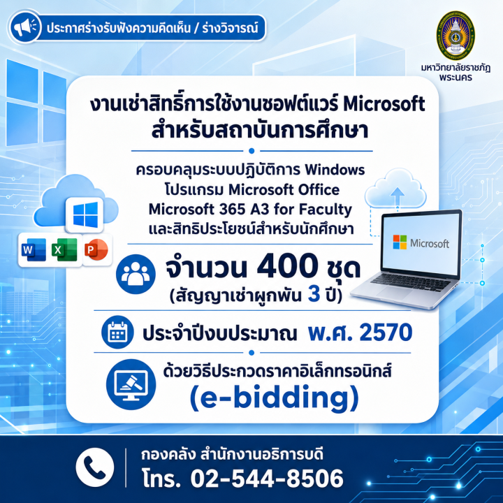 ประกาศร่างรับฟังแสดงความคิดเห็น/ร่างวิจารณ์             งานเช่าสิทธิ์การใช้งานซอฟแวร์ Microsoft สำหรับสถาบันการศึกษาครอบคลุมระบบปฏิบัติการ Windows, โปรแกรม Microsoft Office , Microsoft 365 A3 for Faculty และสิทธิประโยชน์สำหรับนักศึกษา จำนวน 400 ชุด (สัญญาเช่าผูกพัน 3 ปี) ประจำปีงบประมาณ พ.ศ. 2570 ด้วยวิธีประกวดราคาอิเล็กทรอนิกส์ (e-bidding)